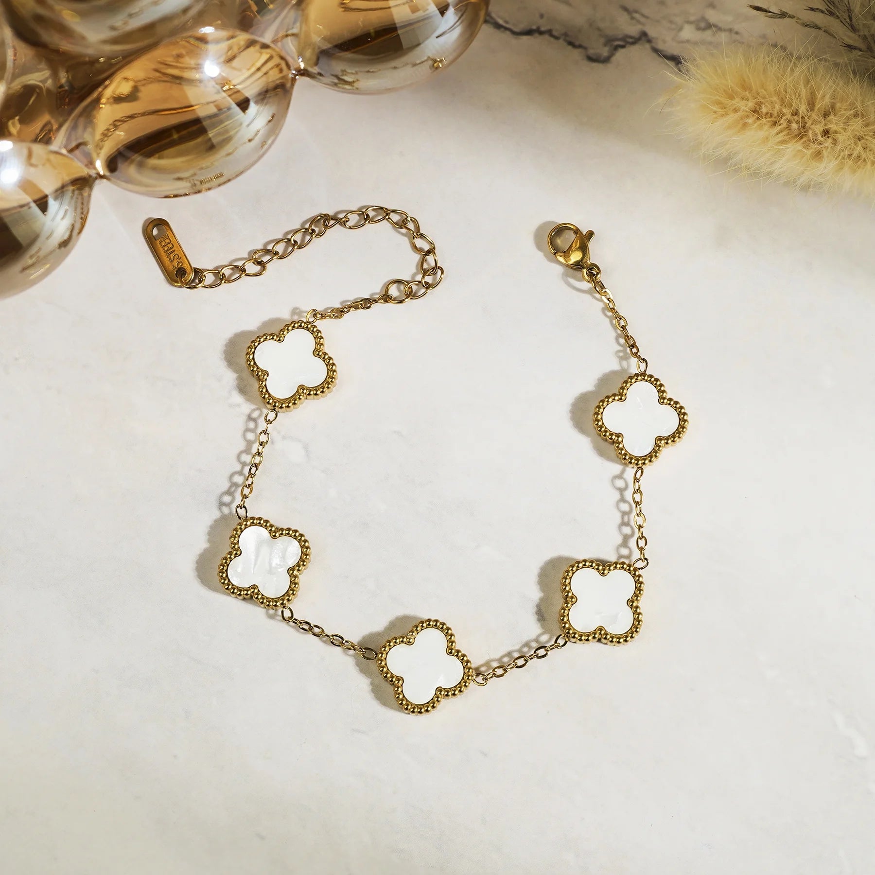 Elegant Yellow Gold Plated White Flower Link Bracelet - A Timeless Fashion Statement