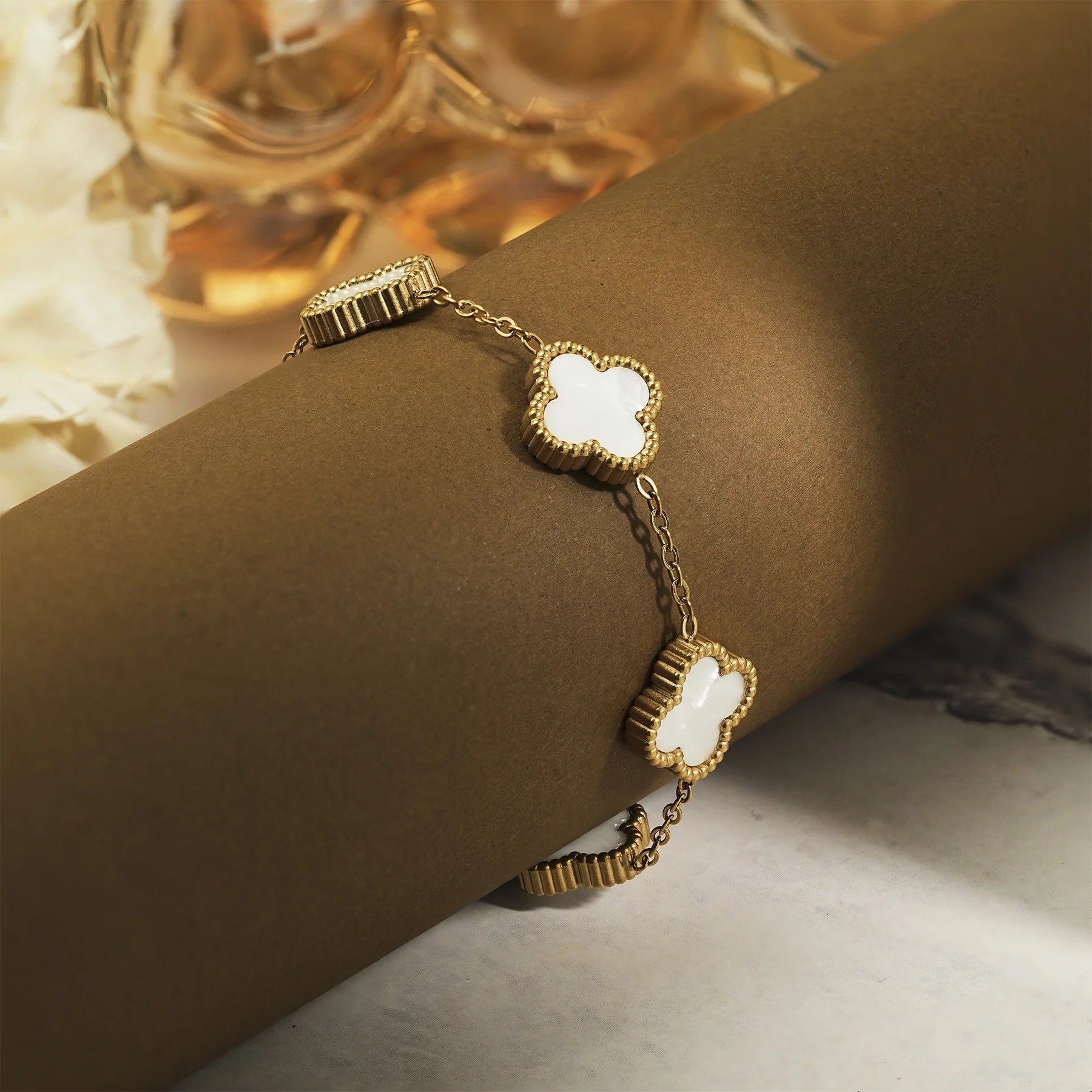Elegant Yellow Gold Plated White Flower Link Bracelet - A Timeless Fashion Statement