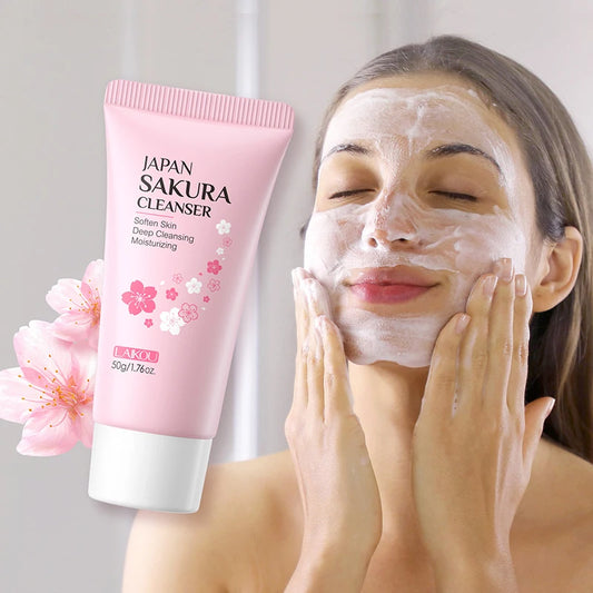 LAIKOU japon Sakura nettoyant doux nettoyage en profondeur contrôle de l'huile hydratant rétrécit les Pores visage soins de la peau nettoyant pour la peau 50g