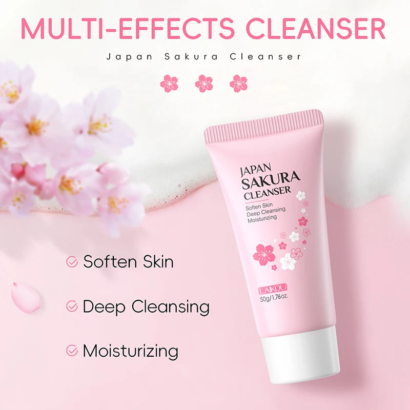 LAIKOU japon Sakura nettoyant doux nettoyage en profondeur contrôle de l'huile hydratant rétrécit les Pores visage soins de la peau nettoyant pour la peau 50g