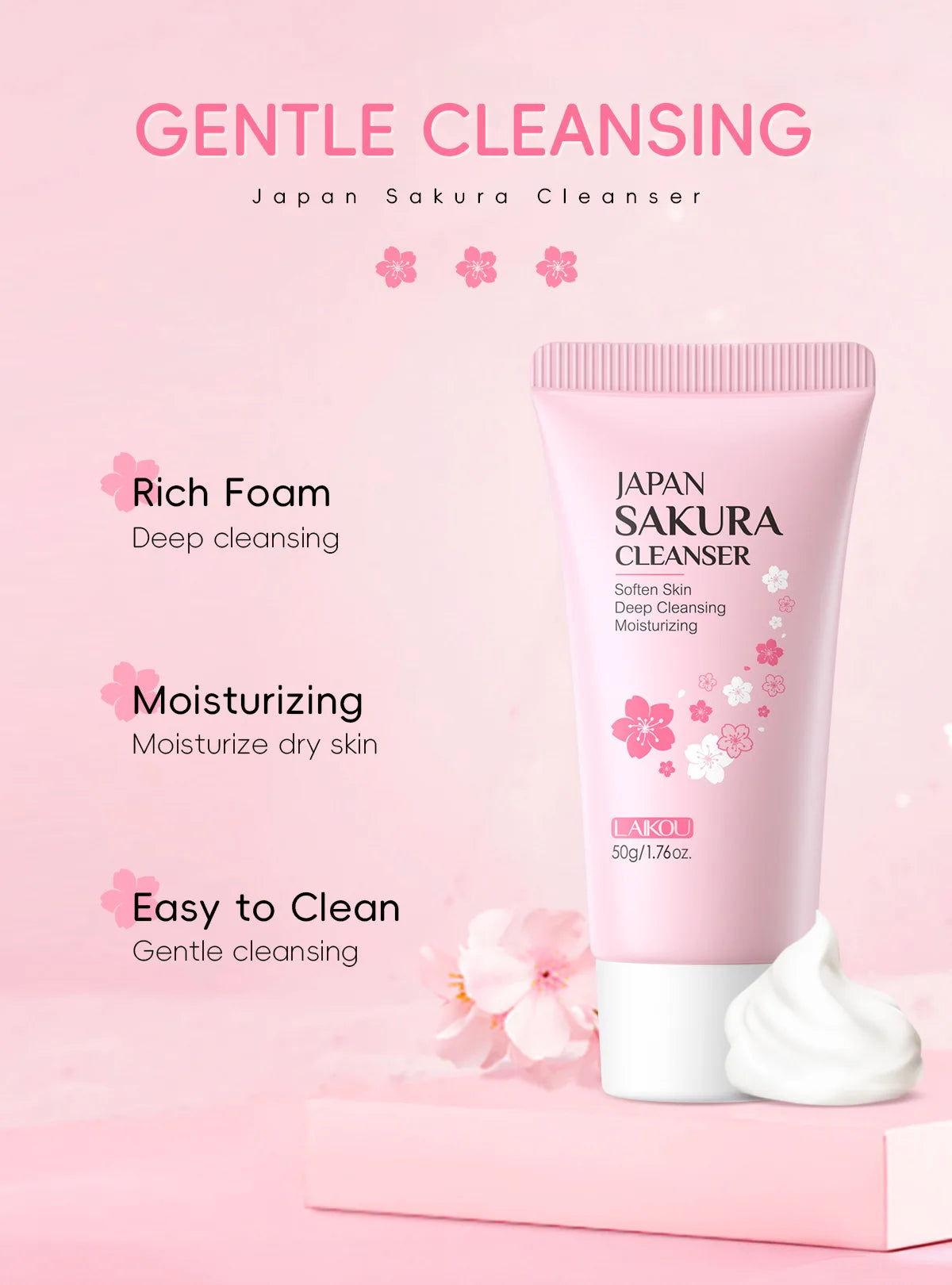 LAIKOU japon Sakura nettoyant doux nettoyage en profondeur contrôle de l'huile hydratant rétrécit les Pores visage soins de la peau nettoyant pour la peau 50g