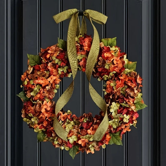 Couronne suspendue d'automne élégante avec fleurs d'hortensia, Style classique, murale, idéale pour Thanksgiving et décoration de la maison, 1 pièce