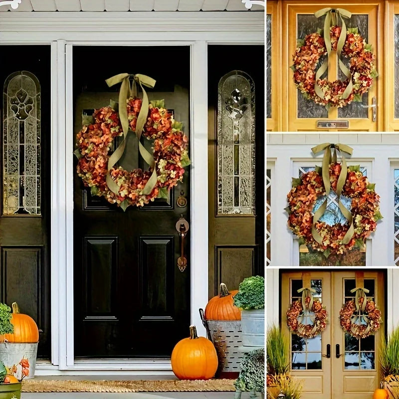 Couronne suspendue d'automne élégante avec fleurs d'hortensia, Style classique, murale, idéale pour Thanksgiving et décoration de la maison, 1 pièce