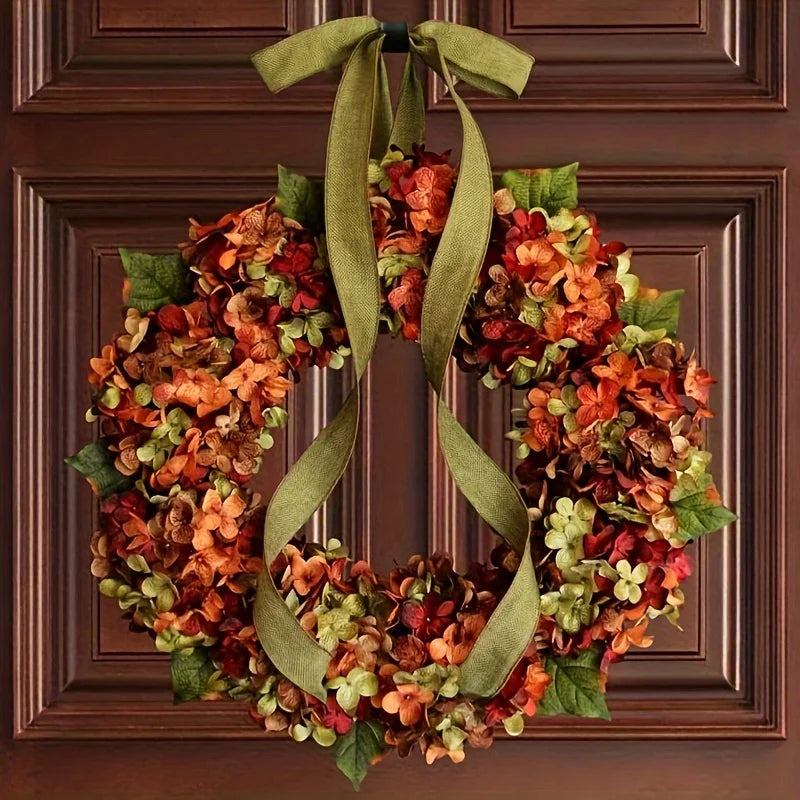 Couronne suspendue d'automne élégante avec fleurs d'hortensia, Style classique, murale, idéale pour Thanksgiving et décoration de la maison, 1 pièce