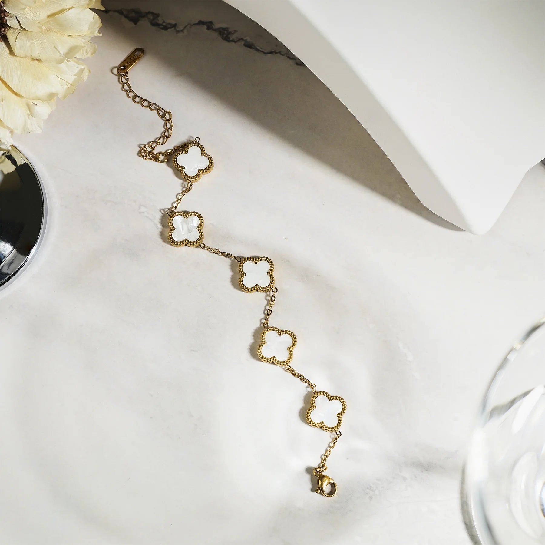 Elegant Yellow Gold Plated White Flower Link Bracelet - A Timeless Fashion Statement